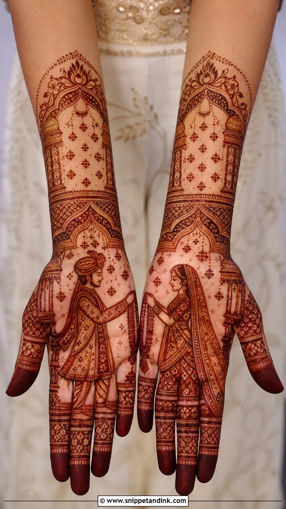 Bridal Full Hand Mehndi Design with Figures and Hearts