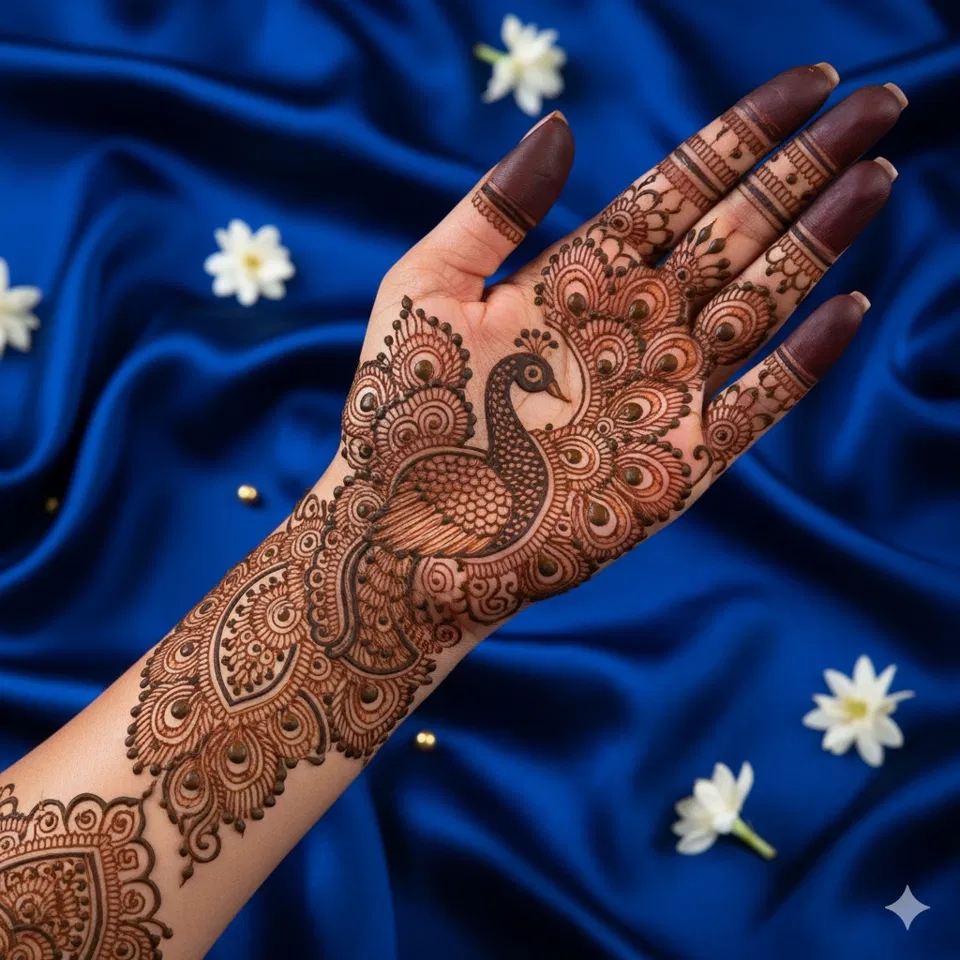 Bridal Royal Back Hand Mehndi Design with Gol Tikki, Flowers and Peacock