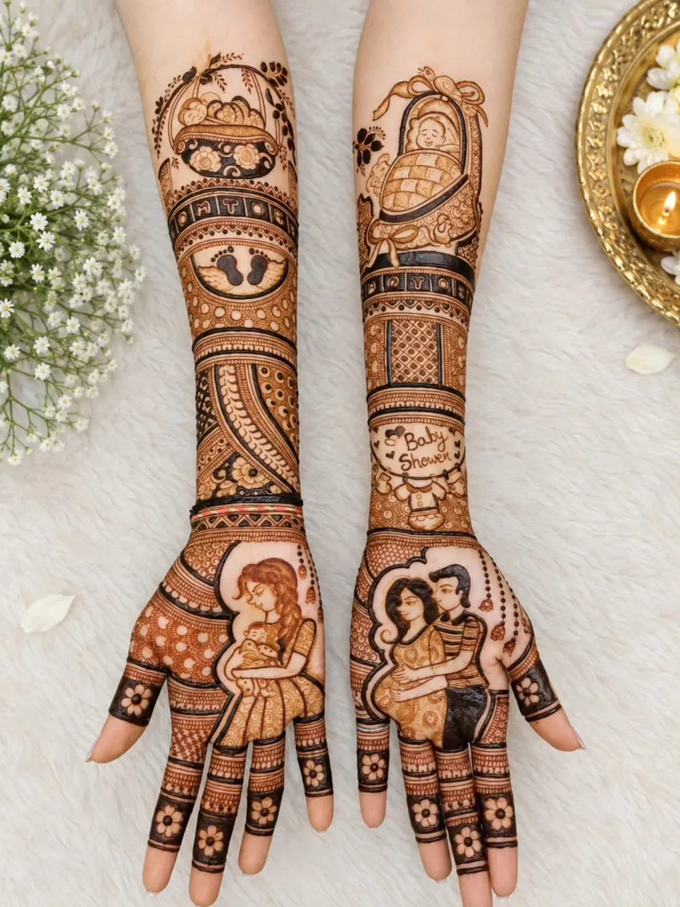 Full Hand Mehndi Design with Figures for Baby Shower