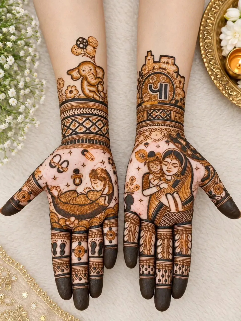 Bridal Full Hand Mehndi Design with Deity and Figures for Baby Shower