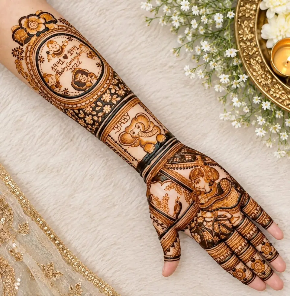 Arabic Full Hand Mehndi Design with Figures and Jaal