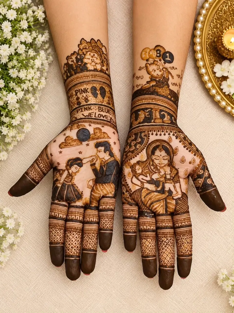Bridal Full Hand Mehndi Design with Deity, Figures and Hearts for Baby Shower (2)