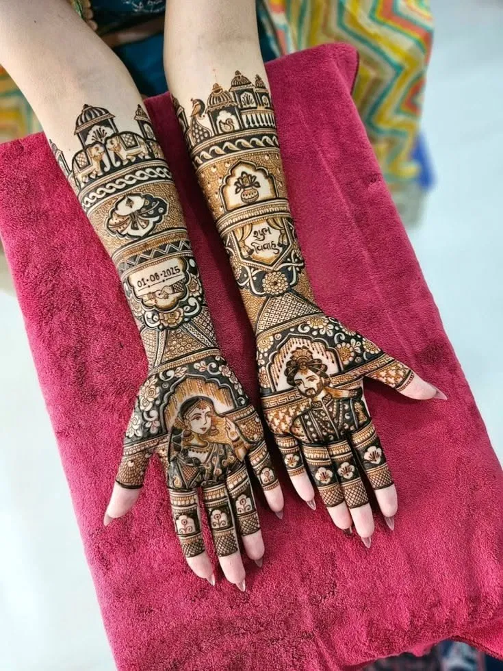 Bridal Stylish Front Hand Mehndi Design with Figures for Engagement (4)