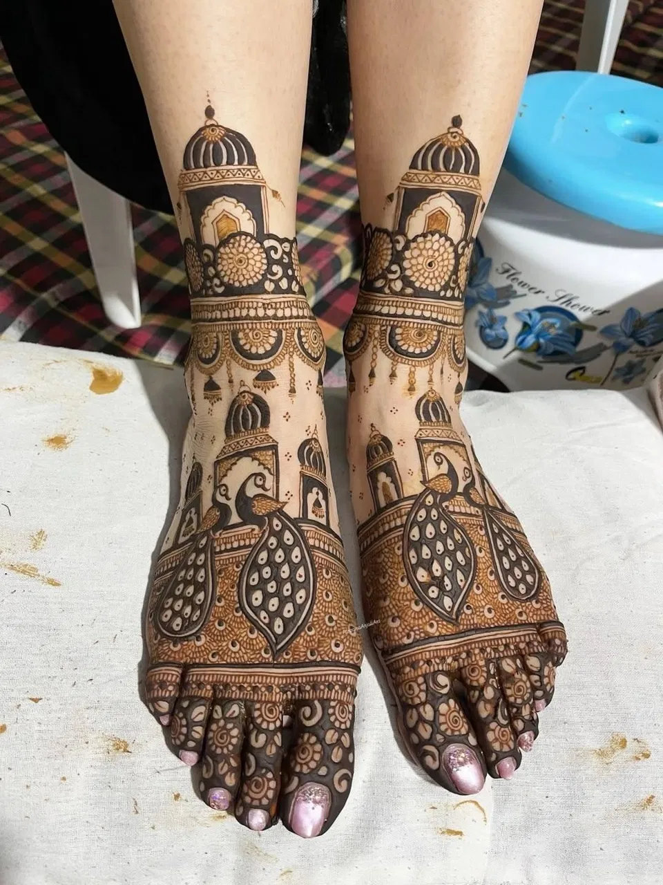Bridal Indian Back Hand Mehndi Design with Figures and Peacock (5)