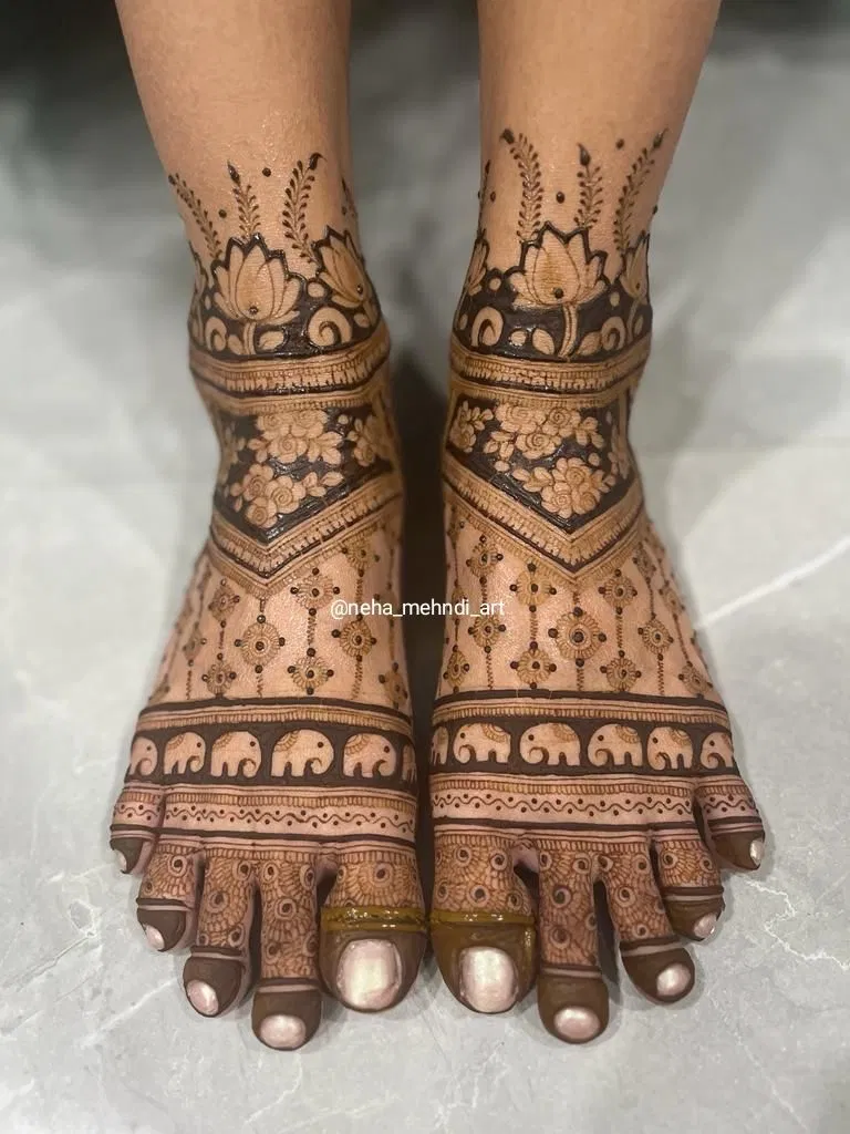 Bridal Indian Back Hand Mehndi Design with Figures, Jaal and Lotus