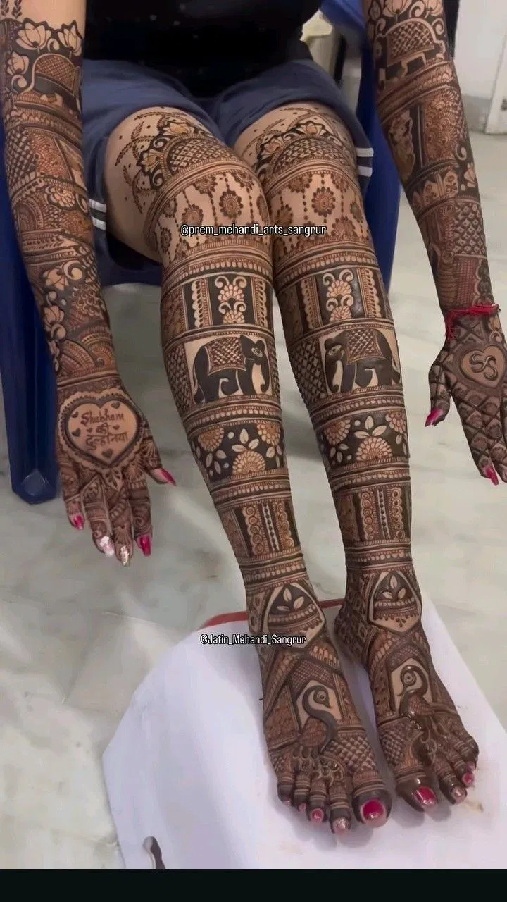 Bridal Indian Foot Mehndi Design with Figures, Hearts and Jaal