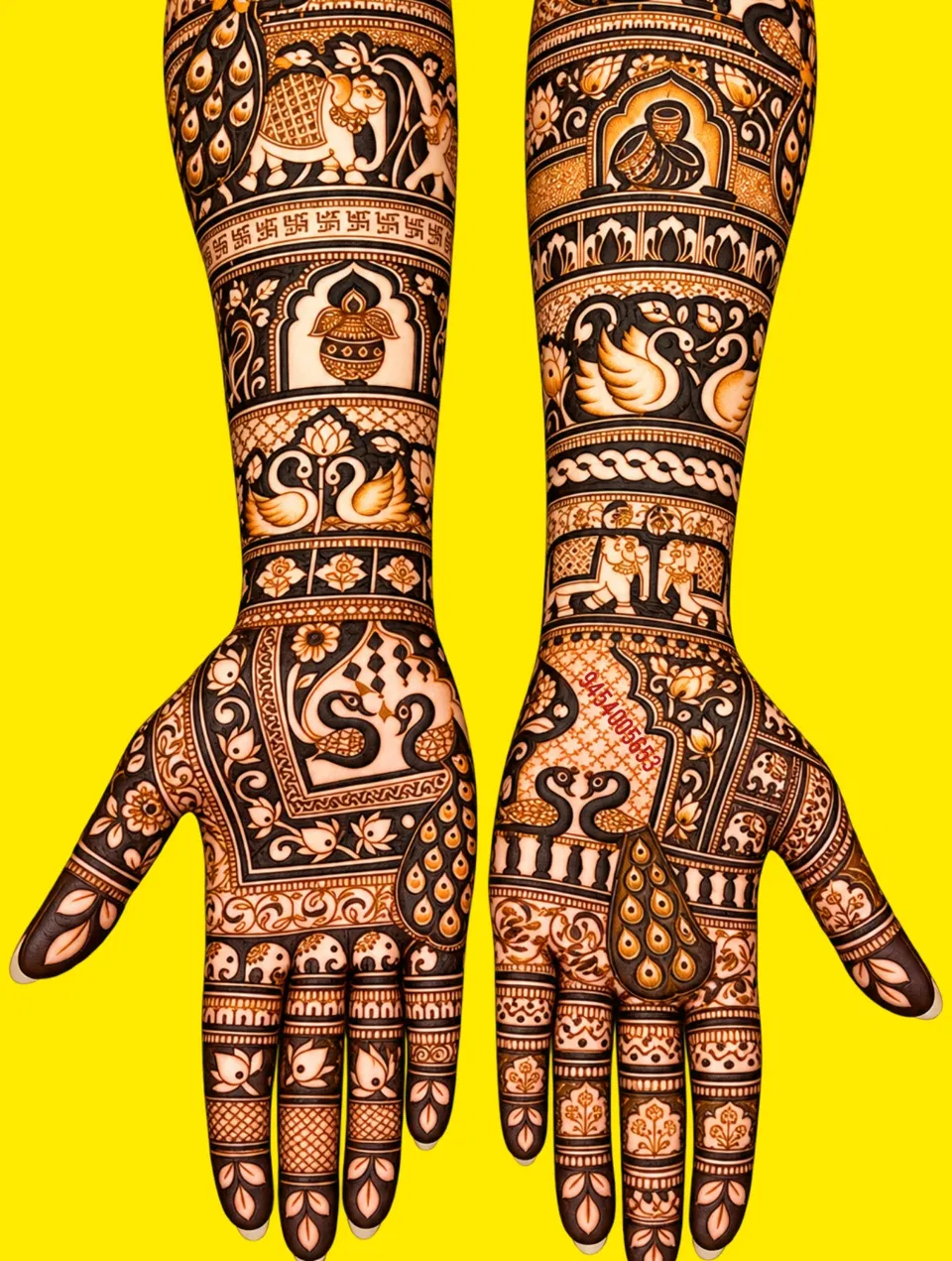 Bridal Full Hand Mehndi Design with Figures, Lotus and Peacock