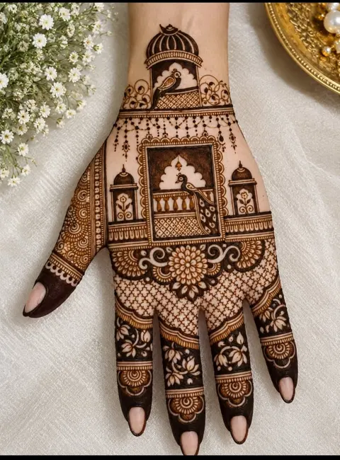 aesthetic bridal circle back hand mehndi design