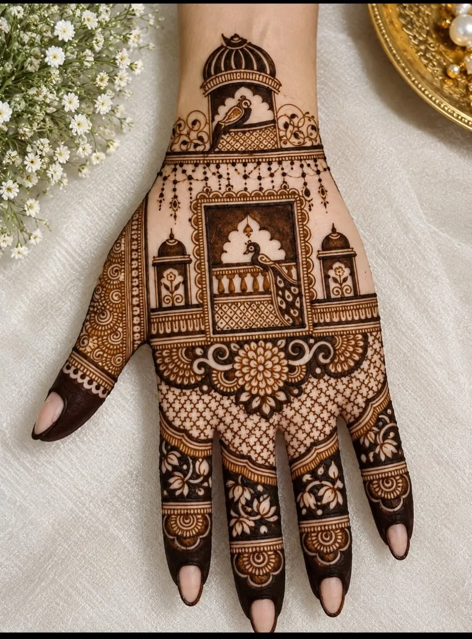 Aesthetic Bridal Back Hand Mehndi Design with Gol Tikki and Flowers (17)