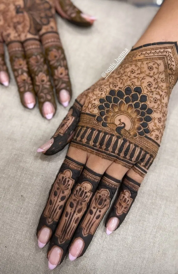 Aesthetic Arabic Back Hand Mehndi Design with Peacock for Diwali (2)