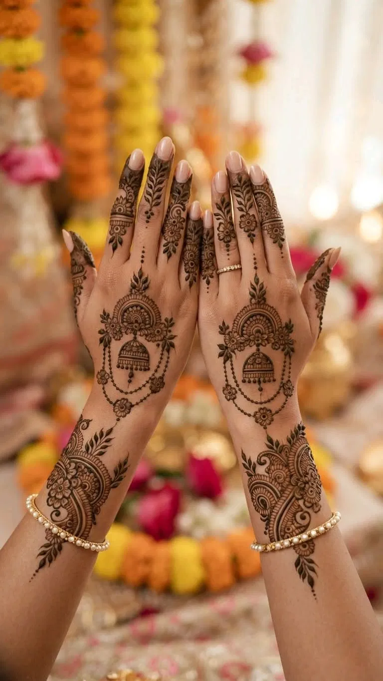 Bridal Indian Back Hand Mehndi Design with Gol Tikki and Flowers (4)