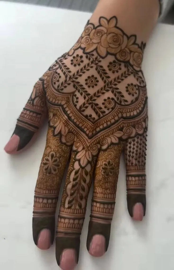 Aesthetic Royal Back Hand Mehndi Design with Flowers for Engagement (2)