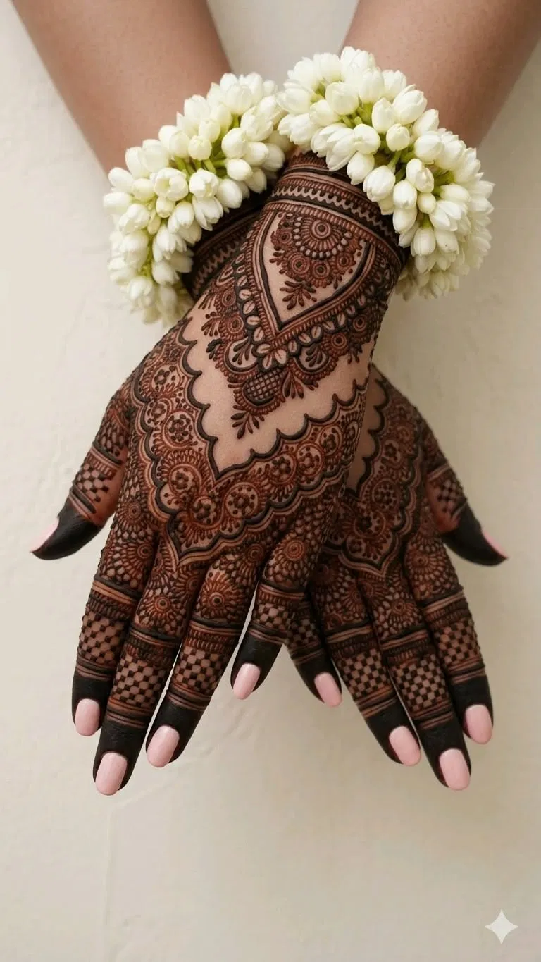 Aesthetic Bridal Back Hand Mehndi Design with Flowers for Eid (3)