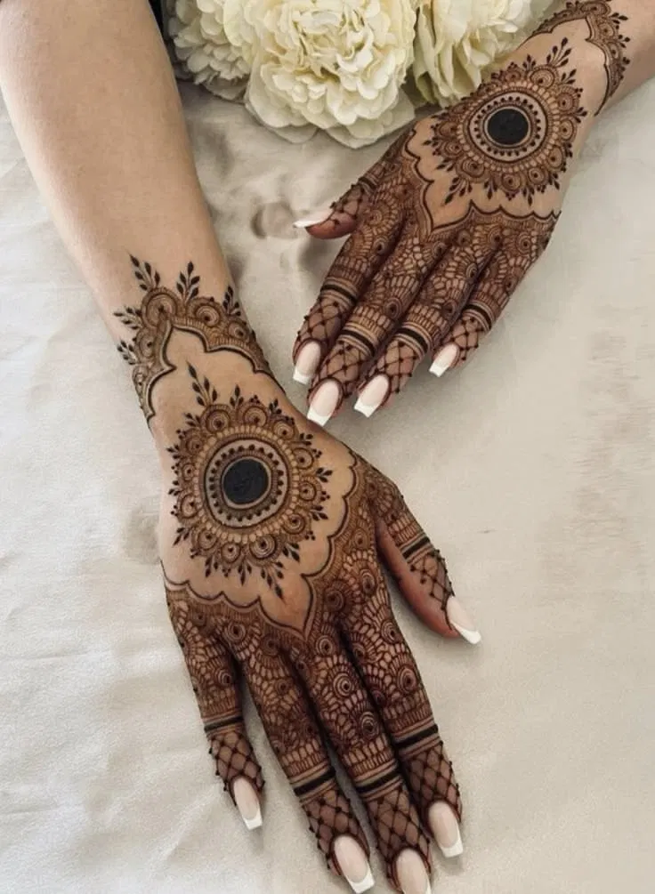 Bridal Indian Back Hand Mehndi Design with Gol Tikki and Flowers