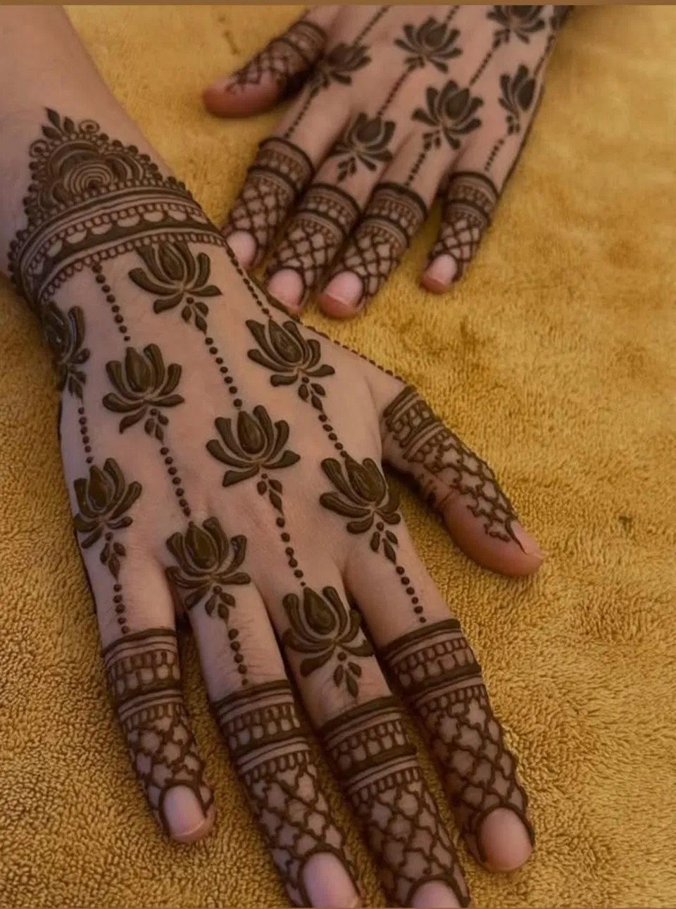 Aesthetic Bridal Back Hand Mehndi Design with Flowers, Jaal and Lotus (2)