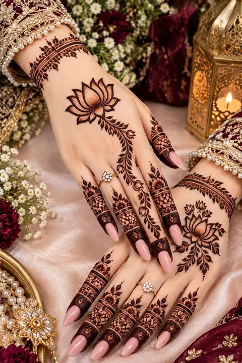 aesthetic bridal flower back hand mehndi design