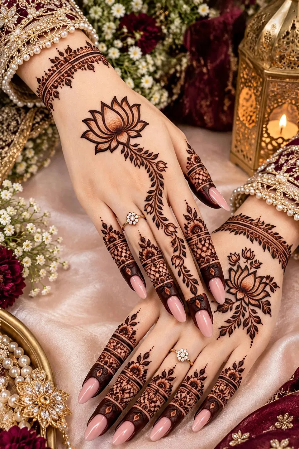 Aesthetic Bridal Back Hand Mehndi Design with Flowers, Jaal and Lotus (3)