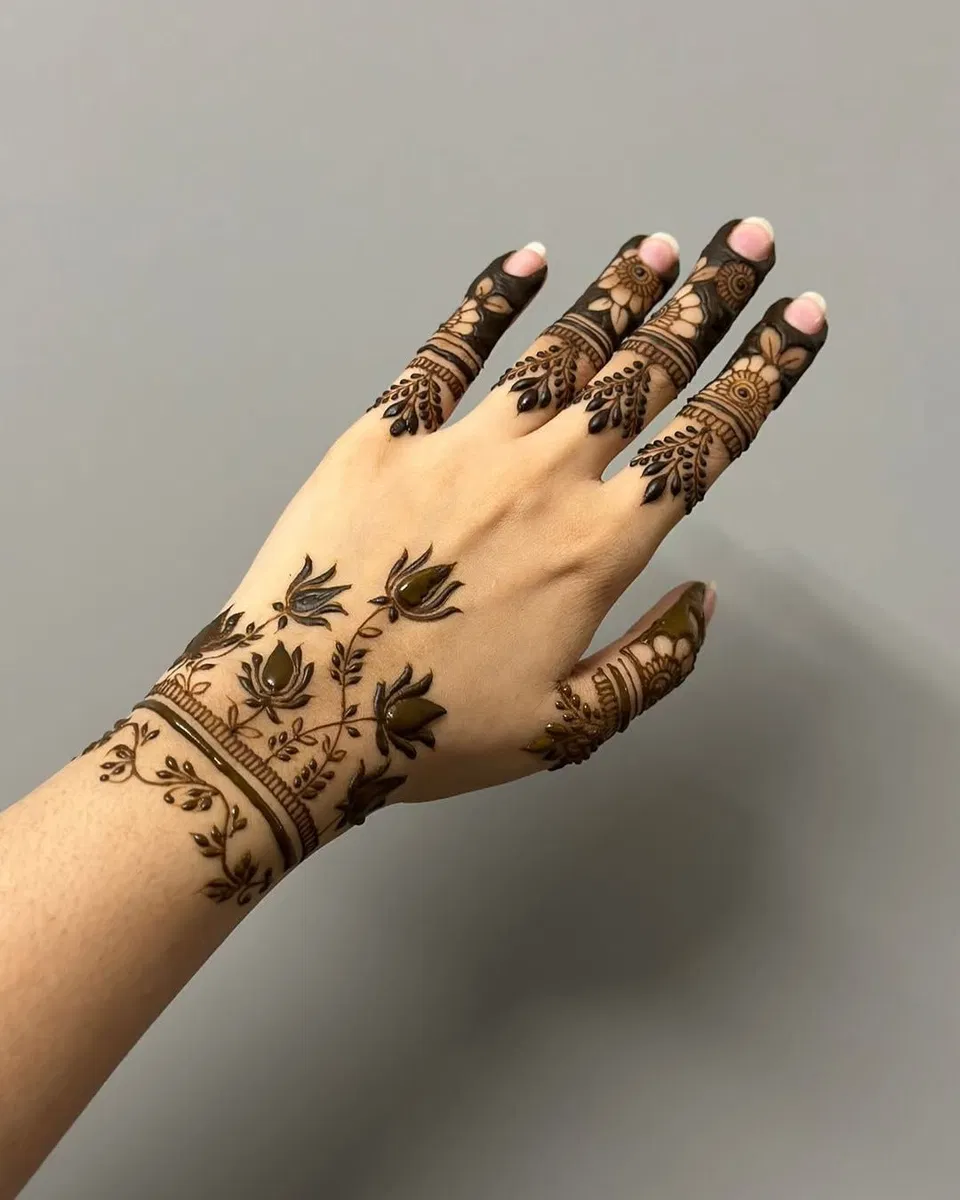 Minimal Simple Back Hand Mehndi Design with Jaal and Lotus