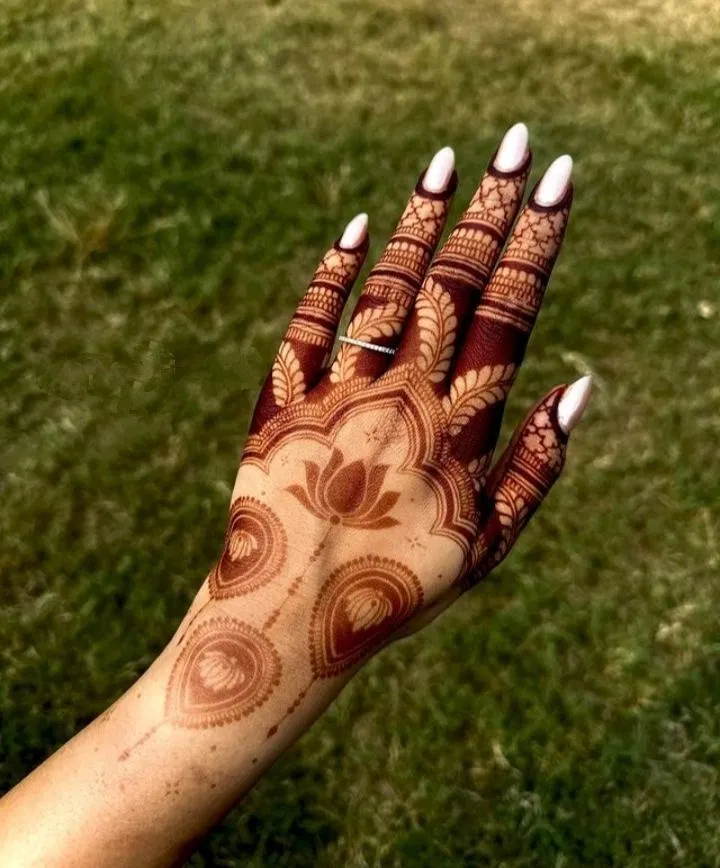 Aesthetic Bridal Back Hand Mehndi Design with Flowers, Jaal and Lotus (5)