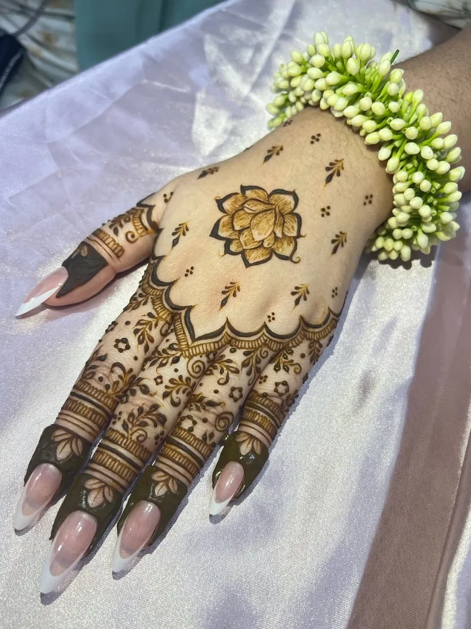 Aesthetic Minimal Back Hand Mehndi Design with Flowers and Lotus (2)