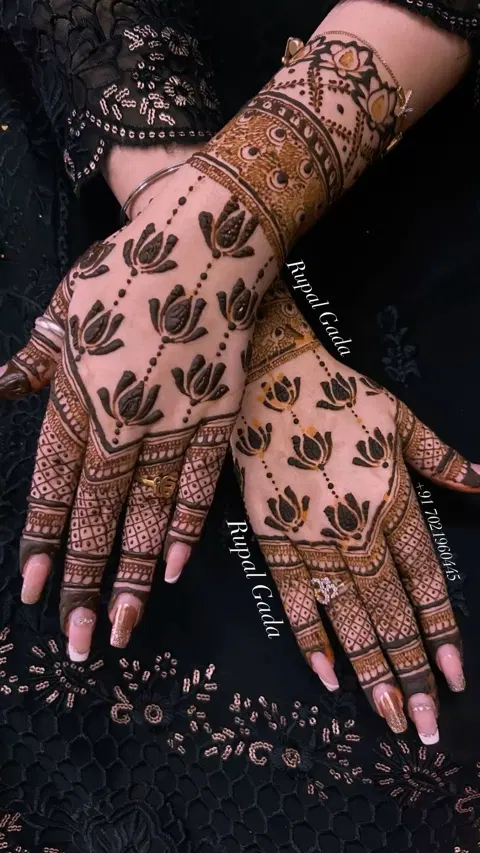 aesthetic bridal flower back hand mehndi design