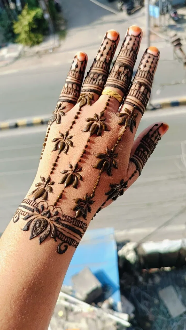Back Hand Mehndi Design with Flowers and Lotus