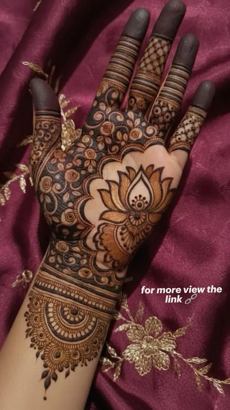 Aesthetic Bridal Front Hand Mehndi Design with Lotus for Diwali