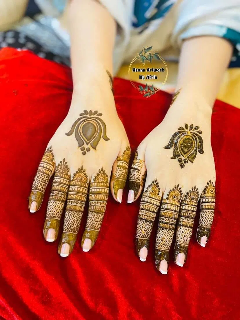 Minimal Simple Back Hand Mehndi Design with Figures and Hearts