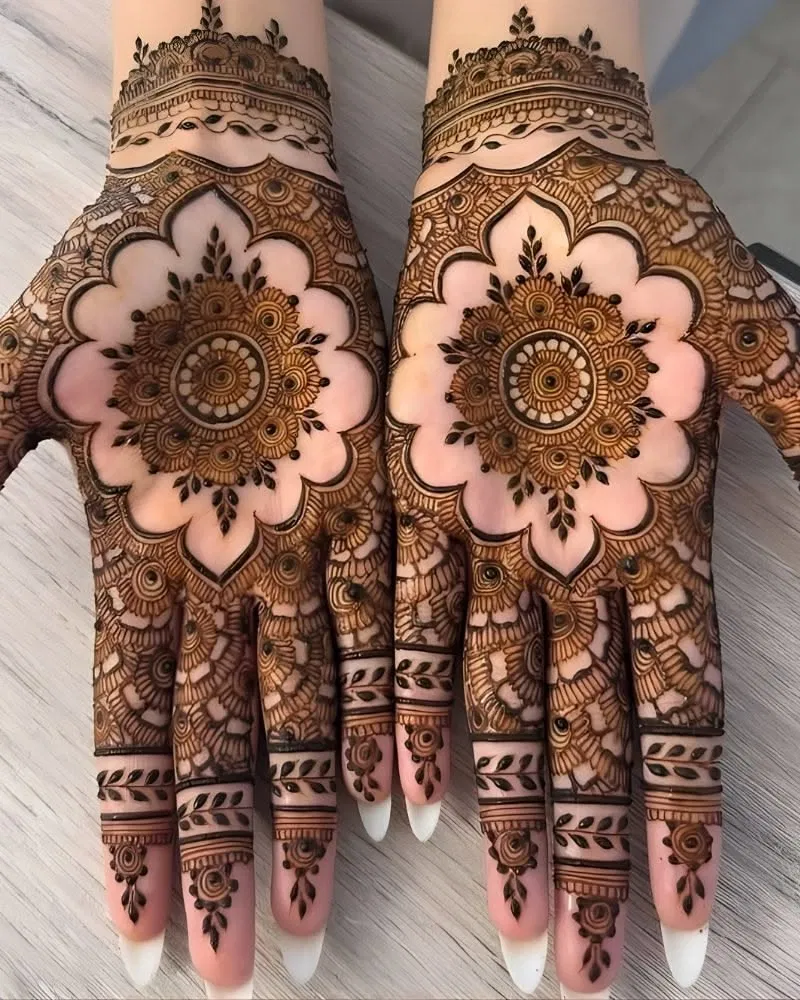 Bridal Indian Front Hand Mehndi Design with Gol Tikki