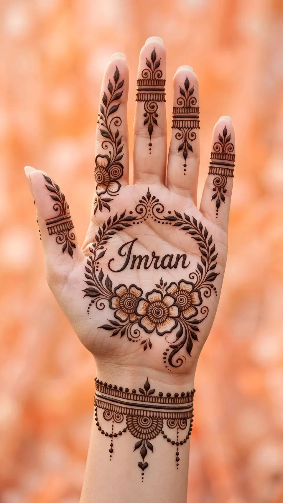 Arabic Bridal Back Hand Mehndi Design with Gol Tikki and Hidden Name
