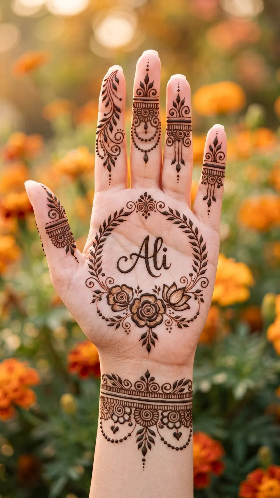 Arabic Bridal Back Hand Mehndi Design with Gol Tikki and Hidden Name (4)