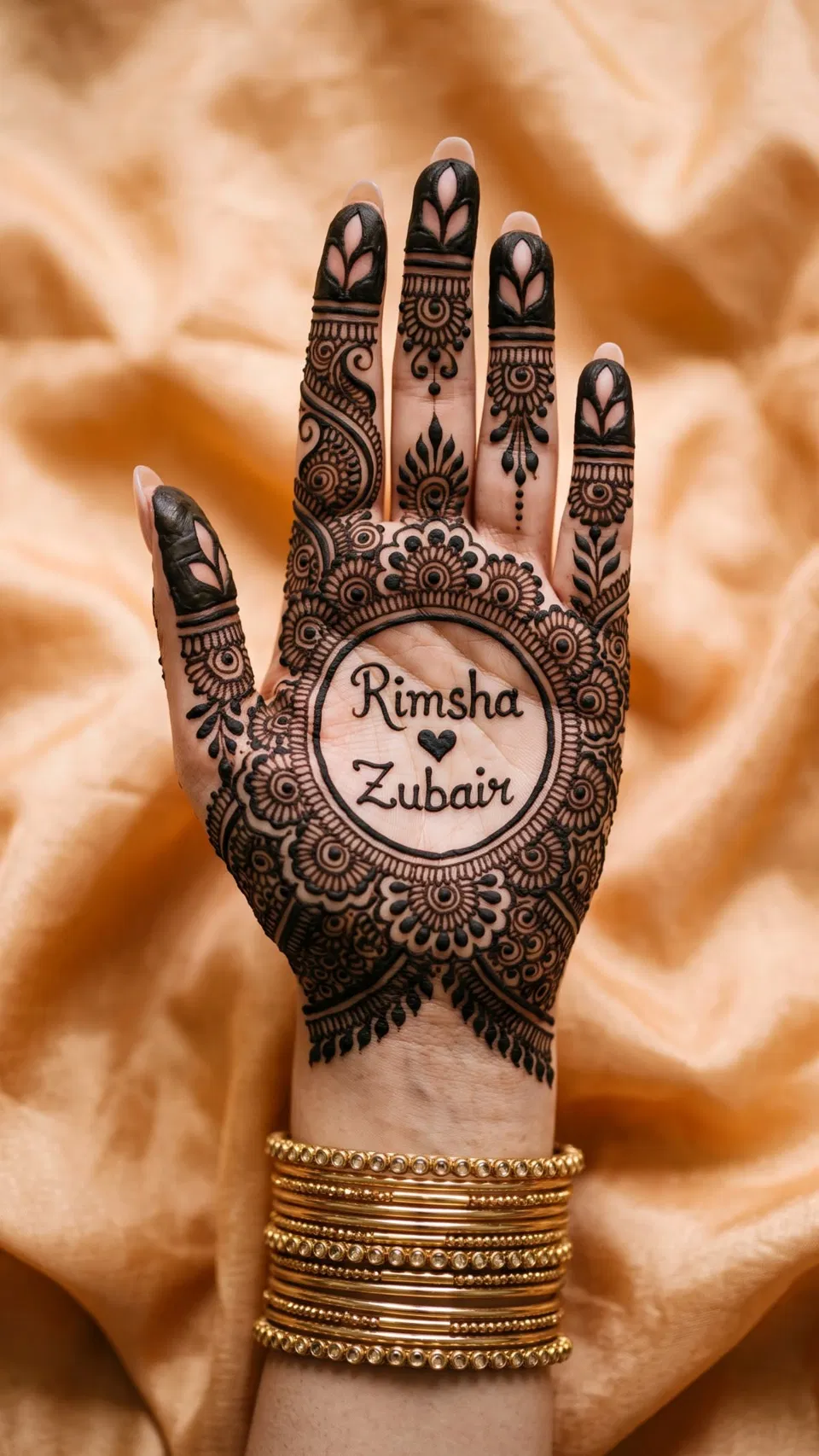 Arabic Bridal Back Hand Mehndi Design with Gol Tikki, Jaal and Hidden Name