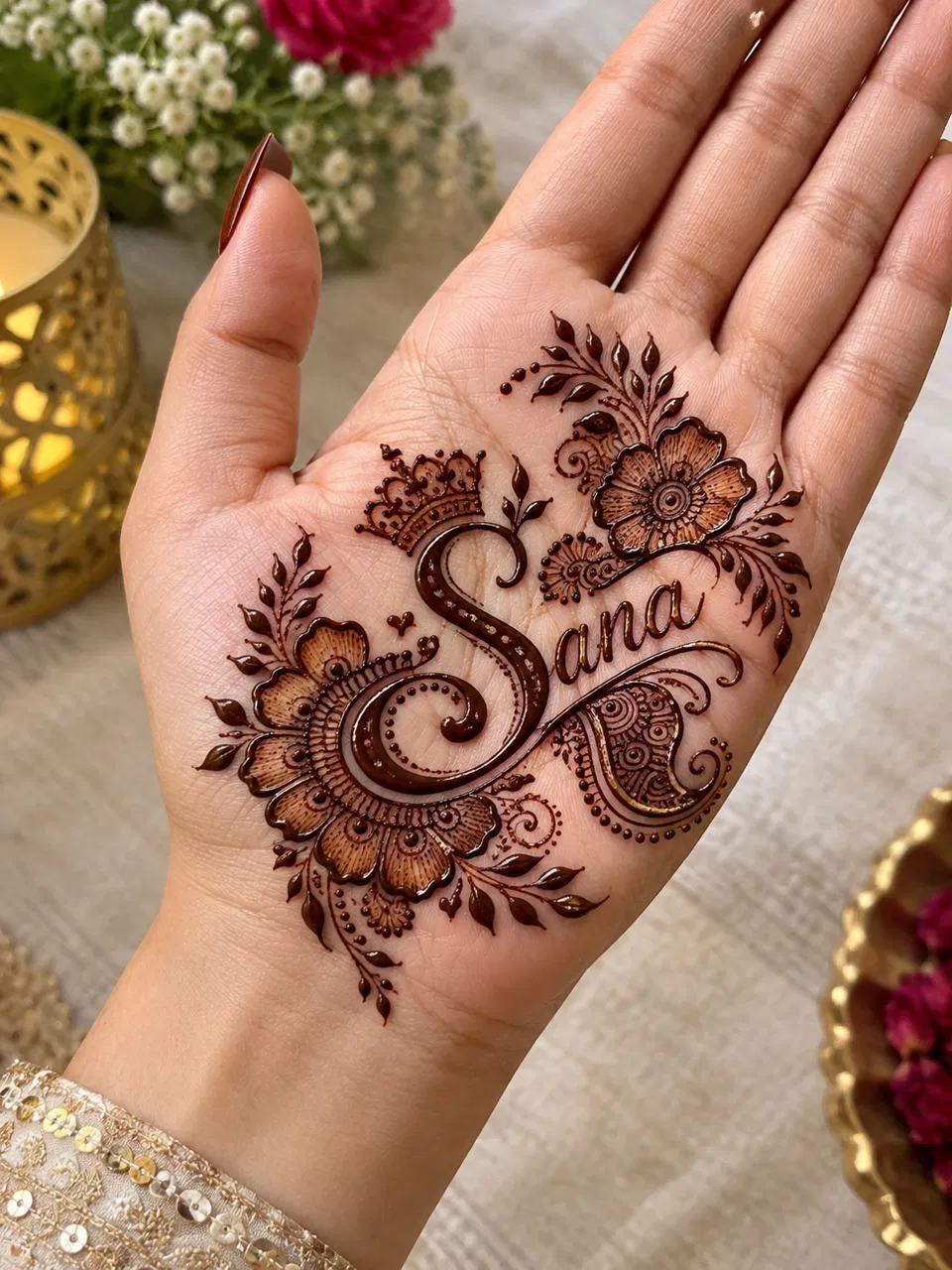 Bridal Indian Front Hand Mehndi Design with Gol Tikki, Flowers and Hidden Name