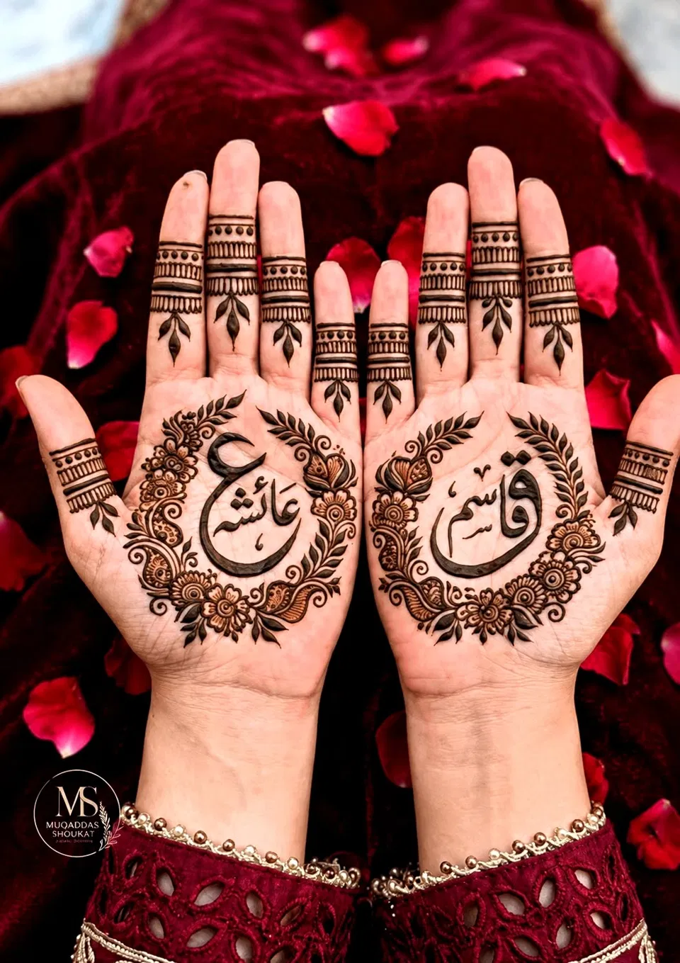 Arabic Bridal Front Hand Mehndi Design with Gol Tikki, Figures and Flowers (5)