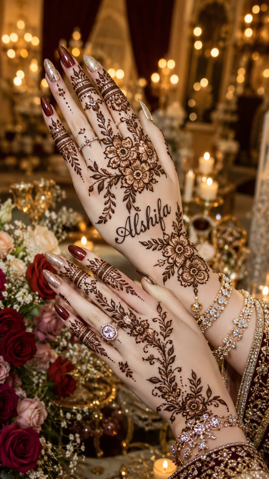 Arabic Front Hand Mehndi Design with Flowers and Hidden Name