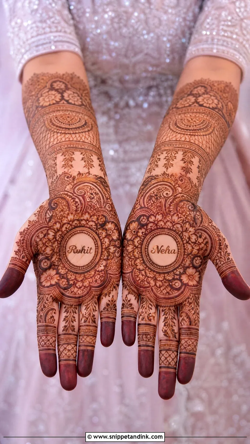 Bridal Indian Back Hand Mehndi Design with Gol Tikki, Figures and Flowers