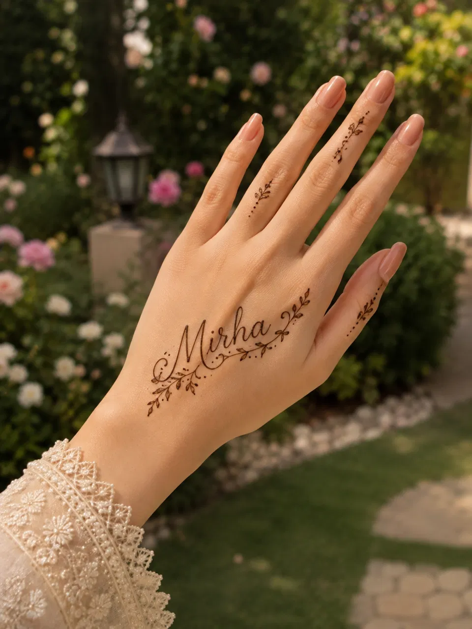 Arabic Minimal Back Hand Mehndi Design with Hidden Name