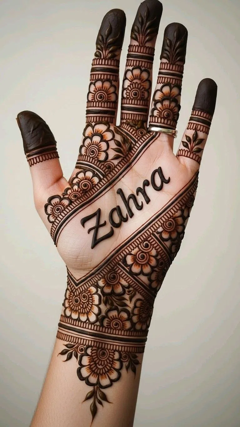 Bridal Front Hand Mehndi Design with Hidden Name