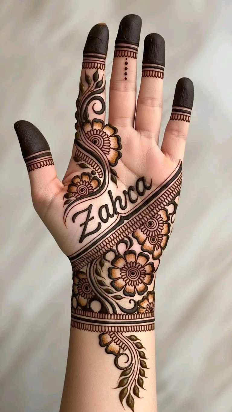 Arabic Full Hand Mehndi Design with Hidden Name