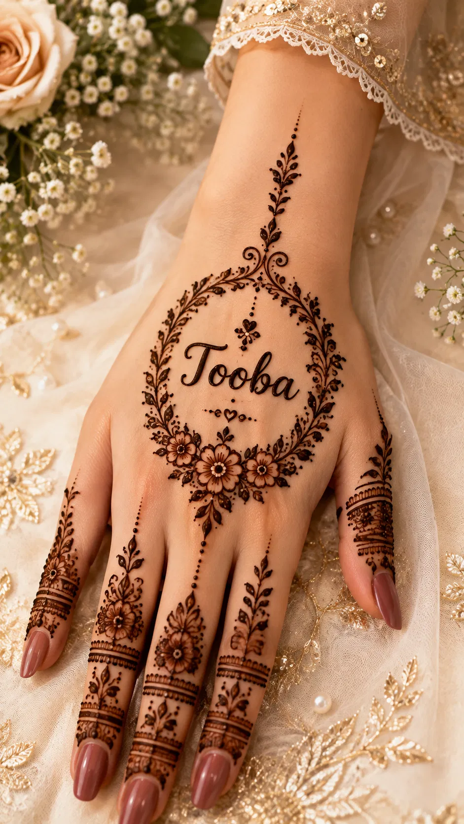Simple Back Hand Mehndi Design with Gol Tikki, Flowers and Hidden Name