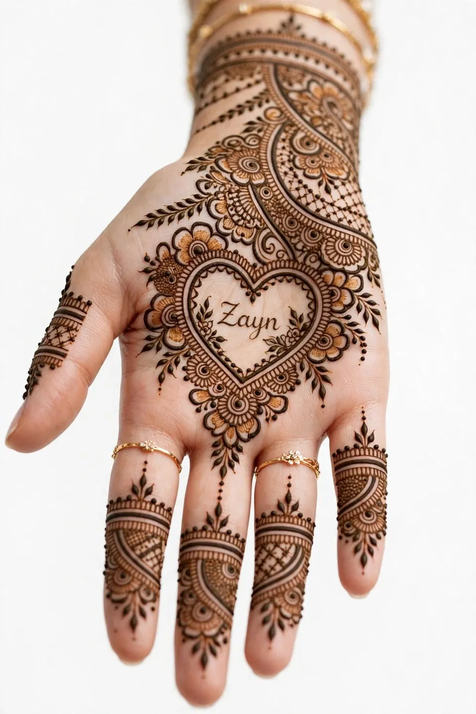 Bridal Front Hand Mehndi Design with Deity and Hearts