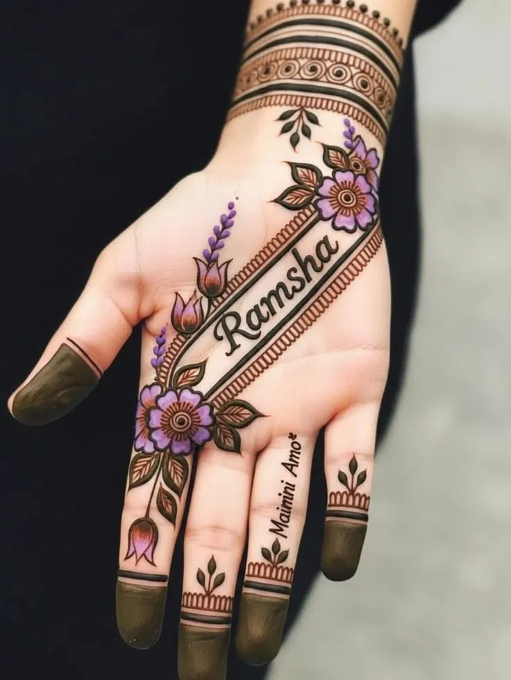 Front Hand Mehndi Design with Flowers and Hidden Name
