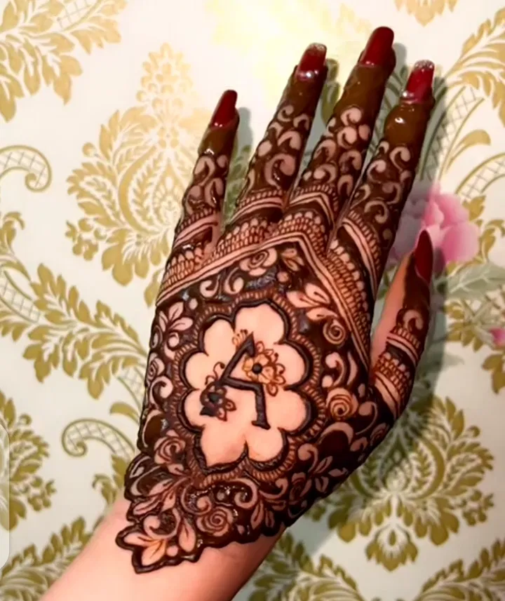 Back Hand Mehndi Design with Flowers and Hidden Name
