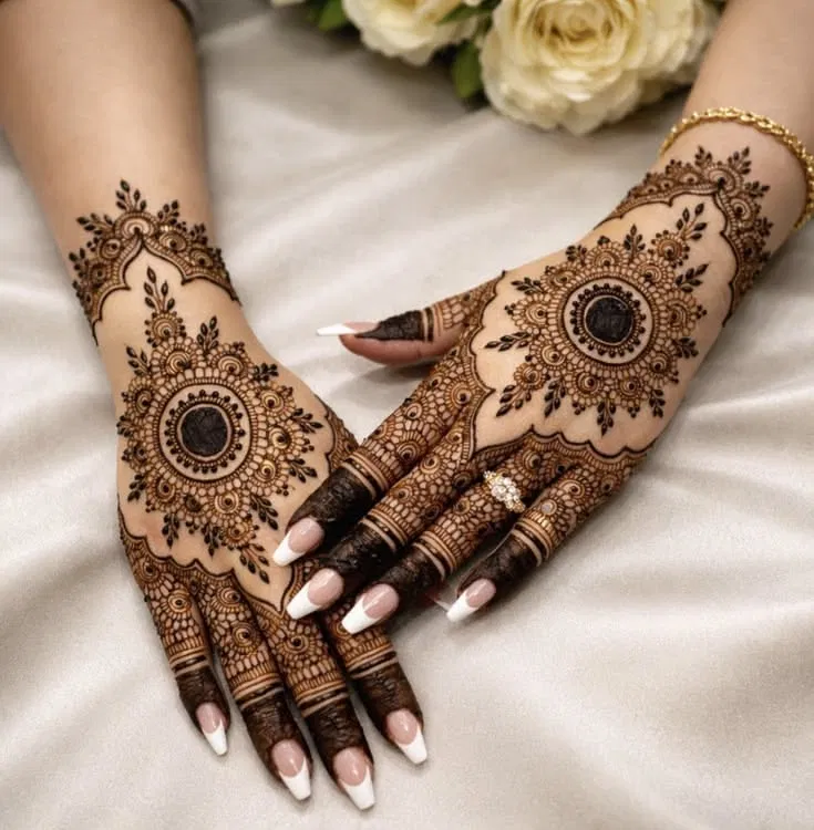 Bridal Simple Finger Mehndi Design with Gol Tikki and Flowers