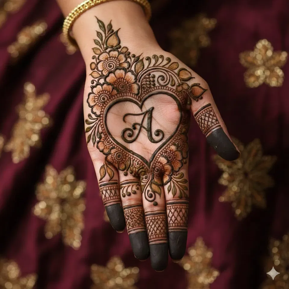 Front Hand Mehndi Design with Hearts and Hidden Name