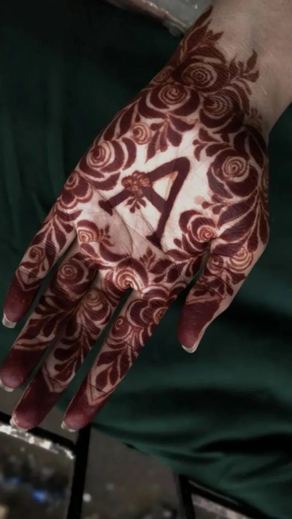 Aesthetic Bridal Finger Mehndi Design with Flowers and Hidden Name