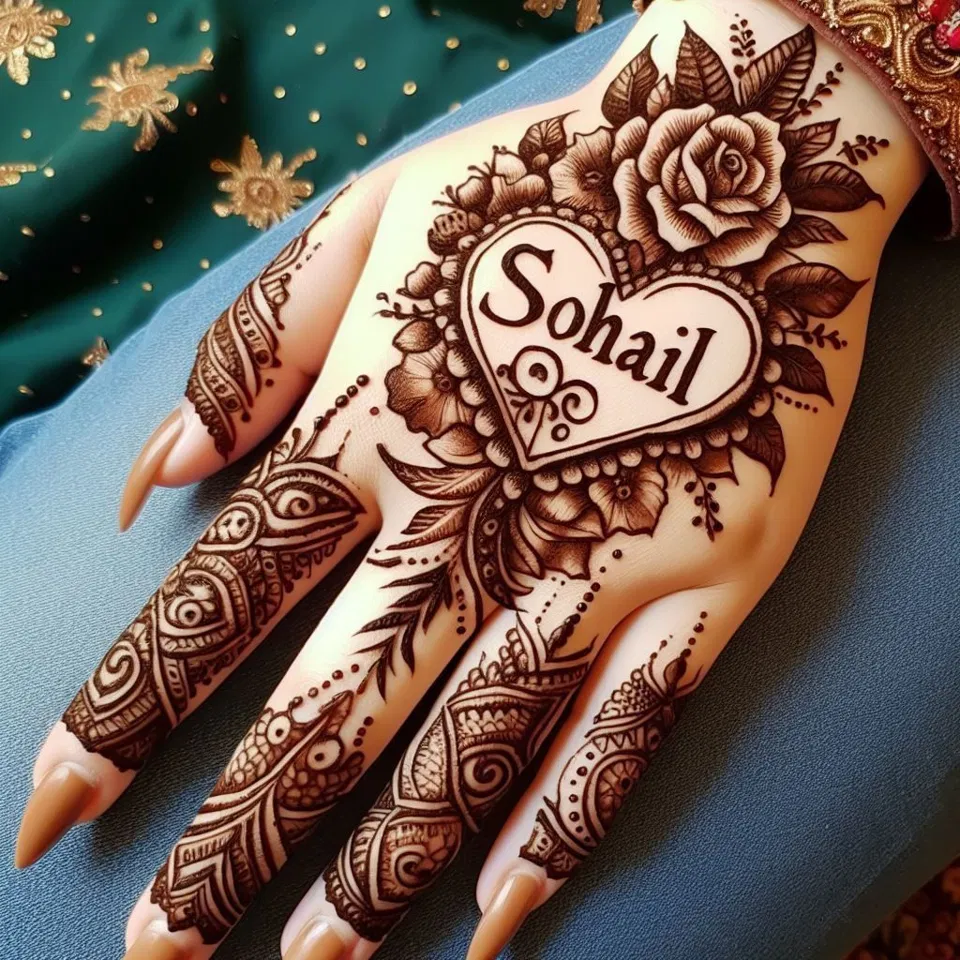 Arabic Front Hand Mehndi Design with Flowers and Hidden Name (2)