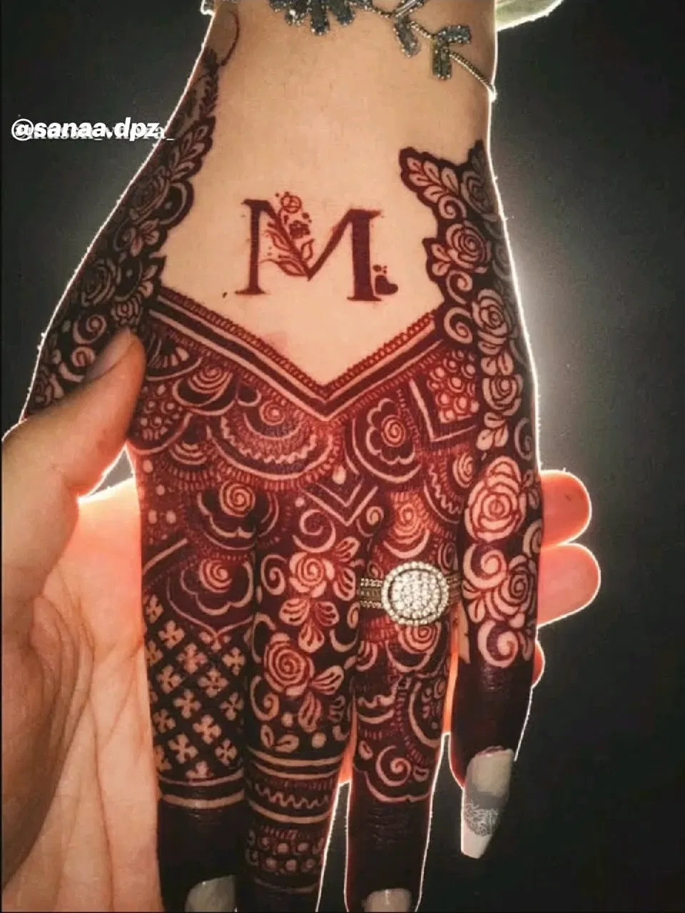 Back Hand Mehndi Design with Gol Tikki, Flowers and Hidden Name
