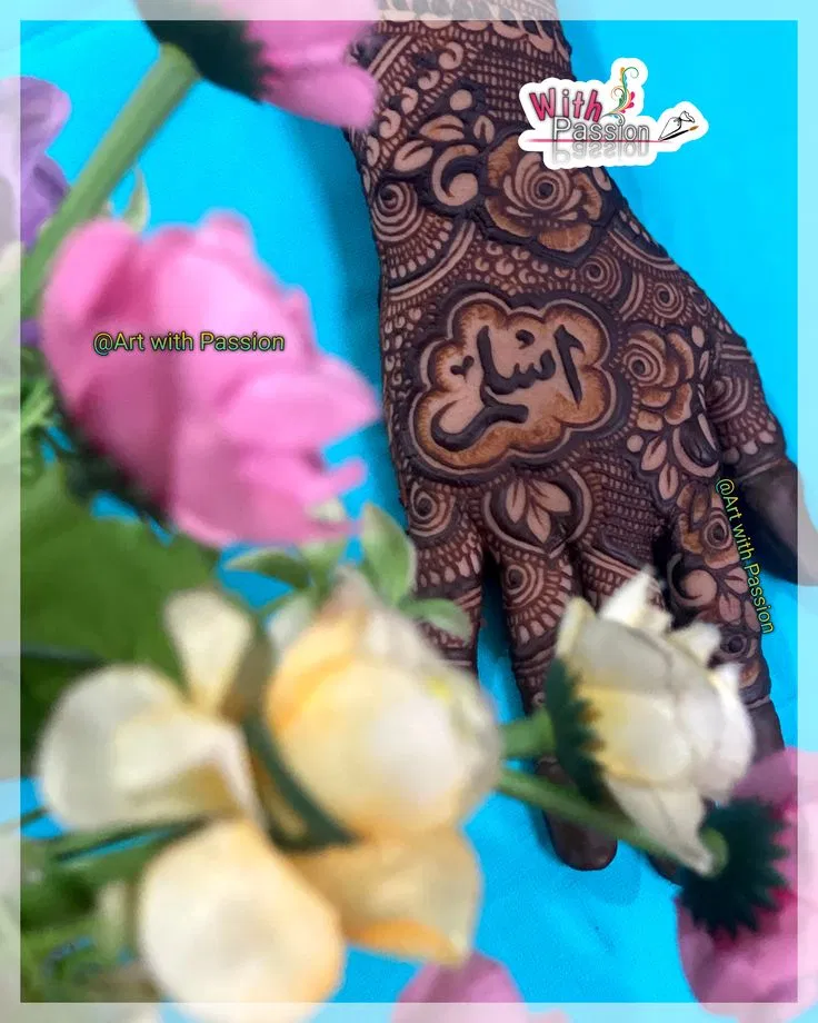 Arabic Bridal Mehndi Design with Flowers, Hearts and Hidden Name