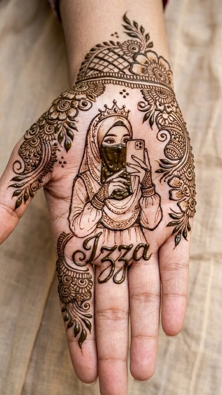 Arabic Stylish Front Hand Mehndi Design with Figures and Hidden Name